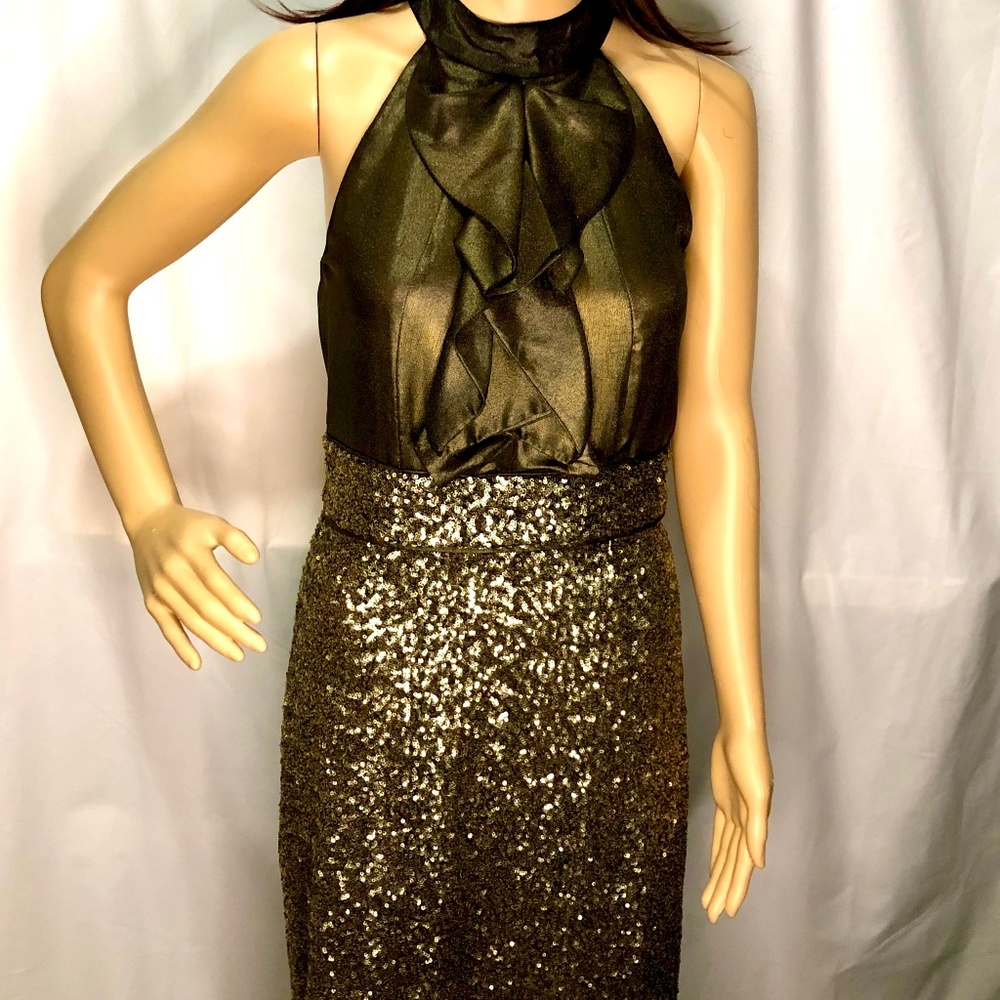 Antonio Melani Bronze And Gold Halter Dress With Sequins, Size 6